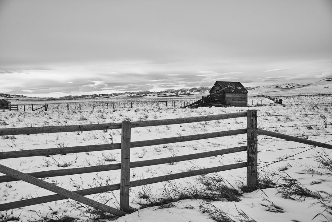 Abandoned barn and fence in snow on the Alberta prairies — black and white landscape photography