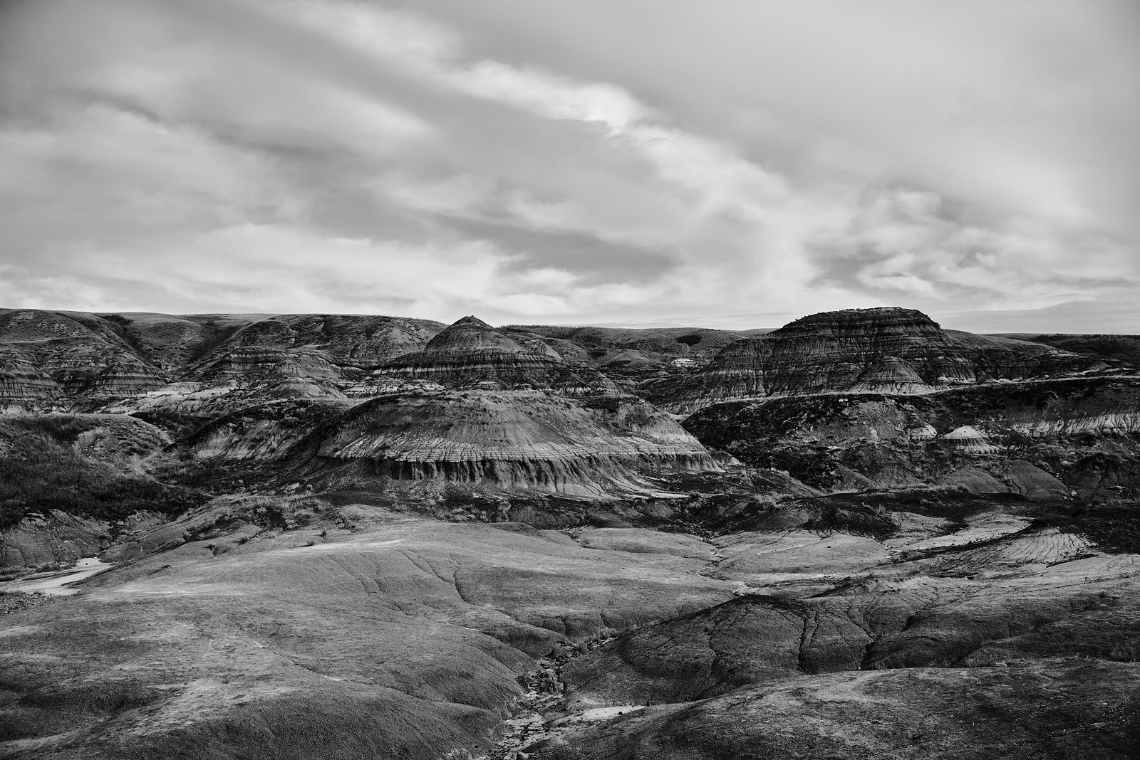 Drumheller badlands landscape in Alberta — black and white landscape photography